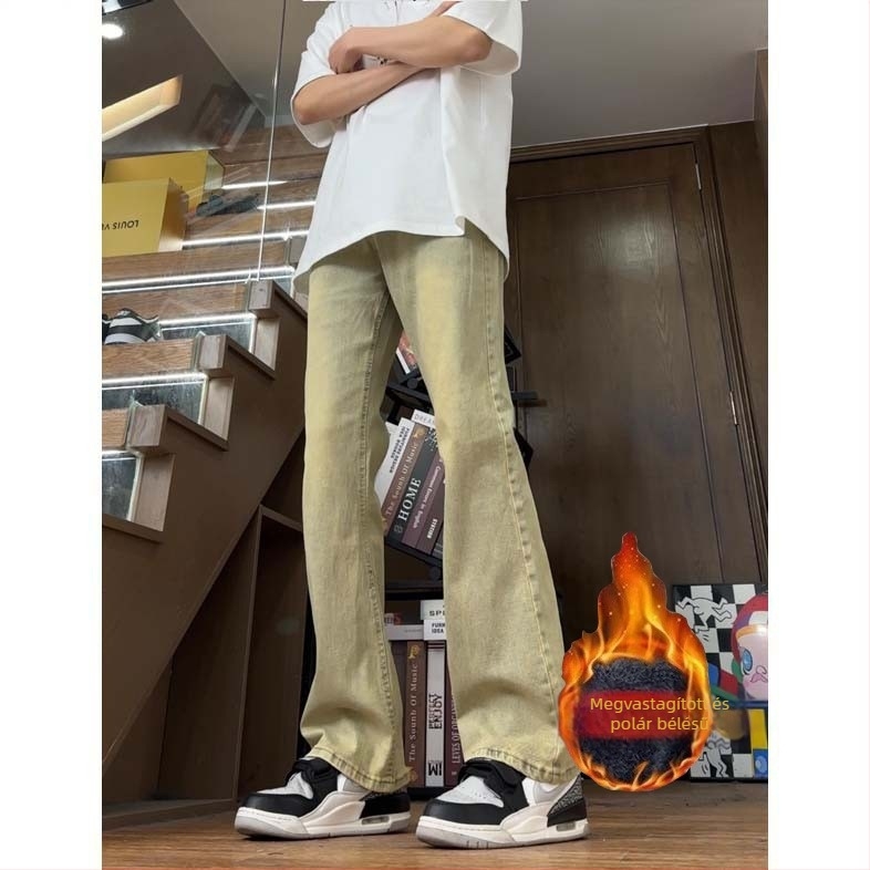 Férfi denimnadrág, slim straight fazon, fleece bélés, téli vastag kivitel, amerikai utcai stílus, ívelt szárú