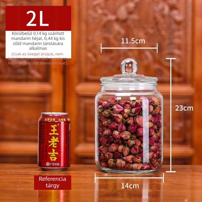 Kis üvegből készült tárolóedény száraz áruk és tea számára, nedvességálló és légmentesen záródó, háztartási használatra