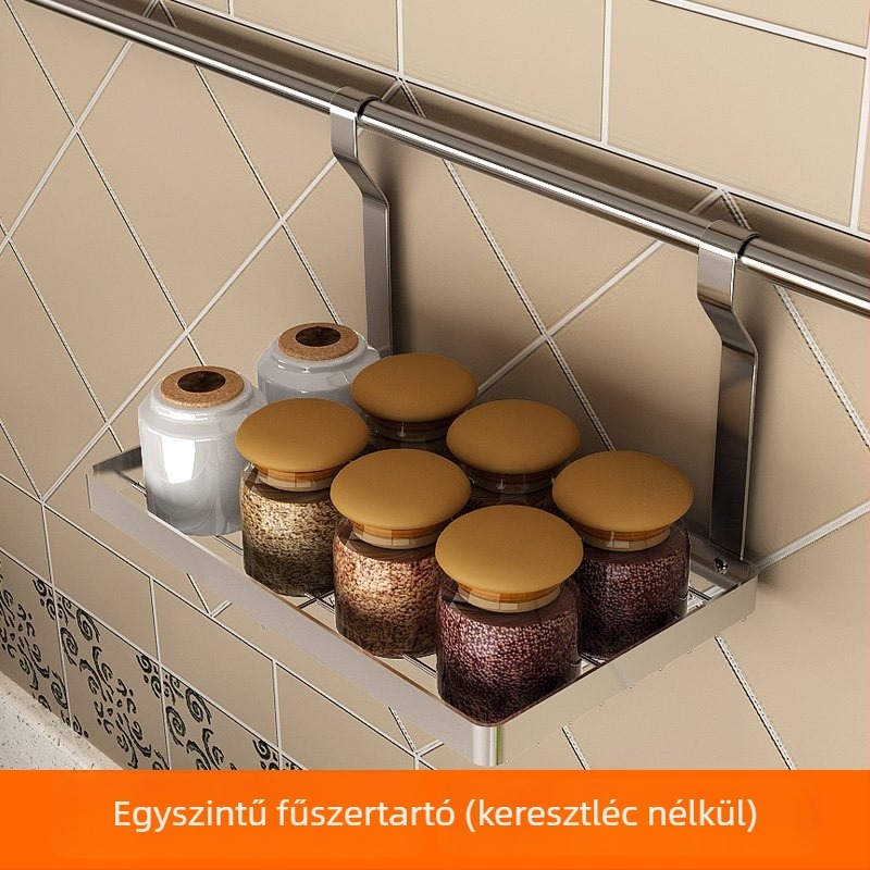 Rozsdamentes acélból készült konyhai falra szerelhető polc, két szintes fűszerállvány
