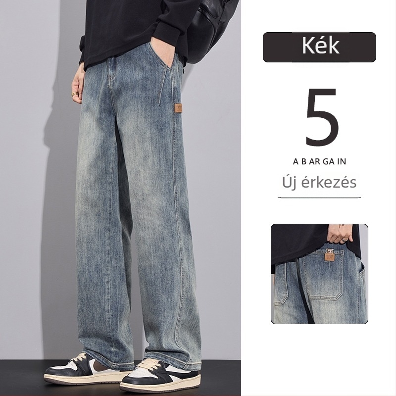 Férfi farmernadrág amerikai retro stílusban fleece-béléssel, patchwork részletekkel, lazán szabott egyenes szabás, casual ősz-télre