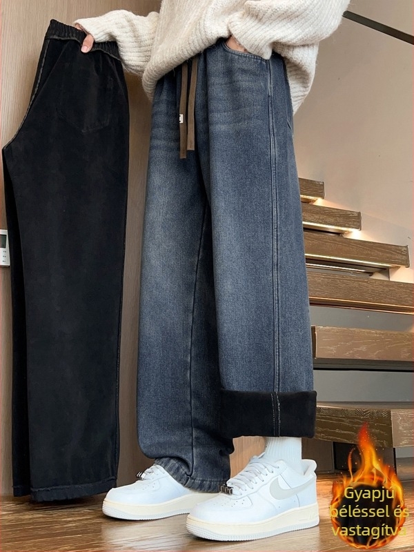 Fleece-sel bélelt farmernadrág tiniknek, őszi-téli szezon, egyenes szabás, széles lábszár