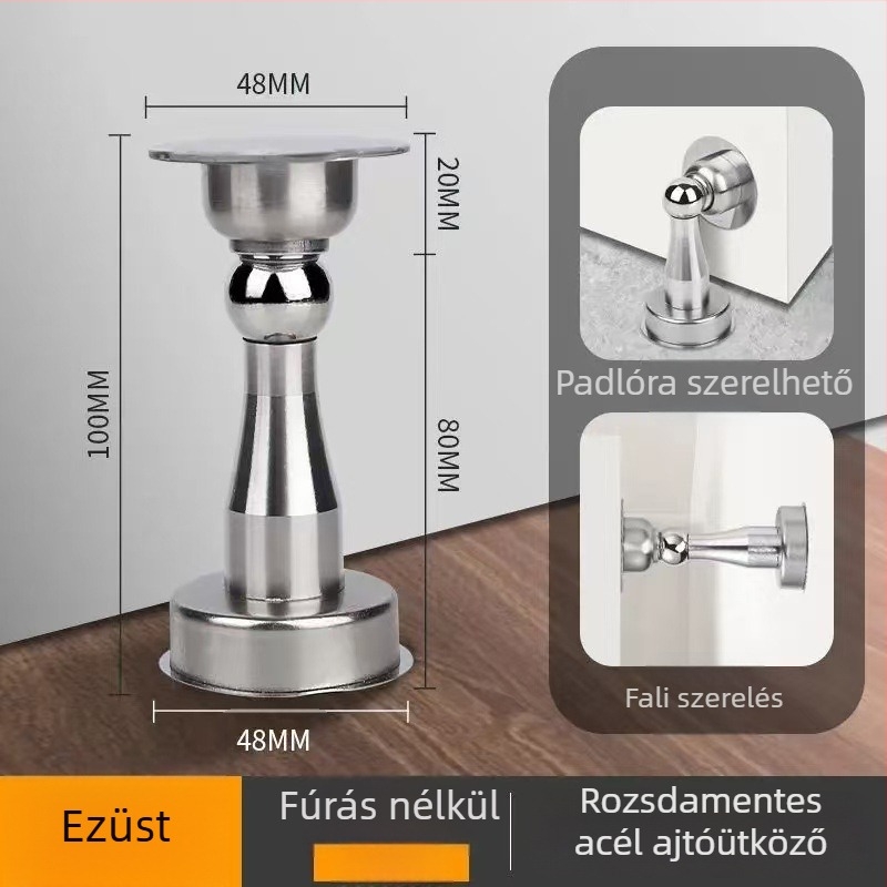 Falra szerelt mágneses ajtóstop rozsdamentes acélból, fúrás nélkül, ütésálló, fürdőszobába