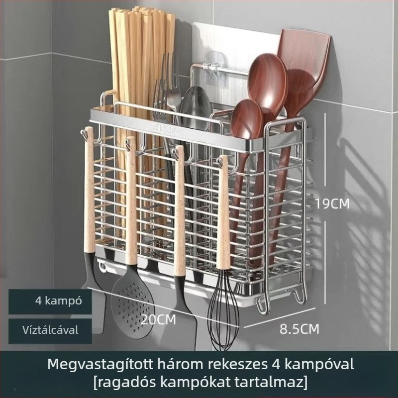 304 rozsdamentes acél evőpálcika- és kanál tároló, falra szerelhető, konyhai rendező
