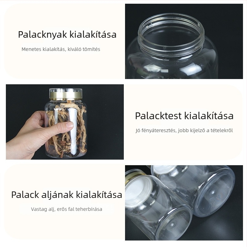 Átlátszó PET műanyag tároló élelmiszerek és snackek számára, széles szájú, kerek forma, diófélékhez, süteményekhez és cukorkákhoz, zárt csomagolás