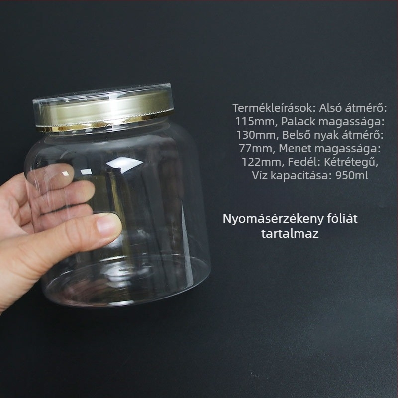 Átlátszó PET műanyag tároló élelmiszerek és snackek számára, széles szájú, kerek forma, diófélékhez, süteményekhez és cukorkákhoz, zárt csomagolás