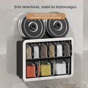 Multifunkcionális konyhai falra szerelhető fűszertartó, fúrás nélkül, integrált több rekeszes edényekkel és kanállal, zárható tároló