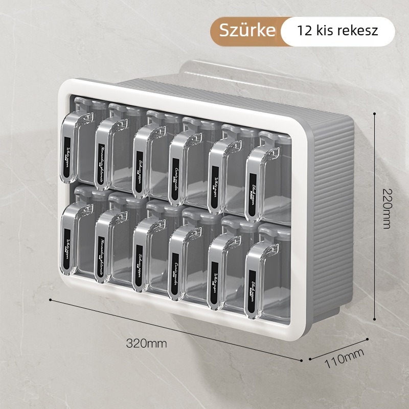 Multifunkcionális konyhai falra szerelhető fűszertartó, fúrás nélkül, integrált több rekeszes edényekkel és kanállal, zárható tároló
