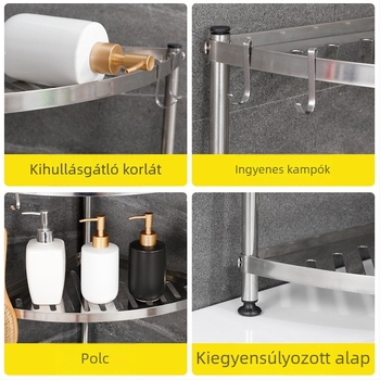 Ventilátorszerű, 6‑részes sarok tároló állvány, padlón álló rozsdamentes acélból, fürdőszobába és konyhába