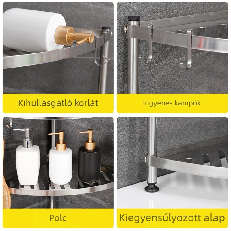 Ventilátorszerű, 6‑részes sarok tároló állvány, padlón álló rozsdamentes acélból, fürdőszobába és konyhába