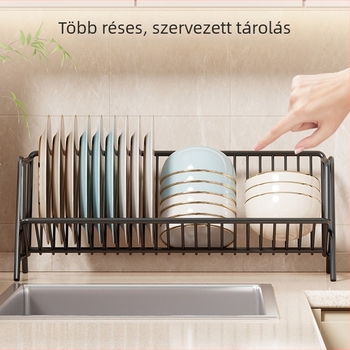 Konyhai edényállvány a pulton, szűrőkosárral és több szintes szervezővel