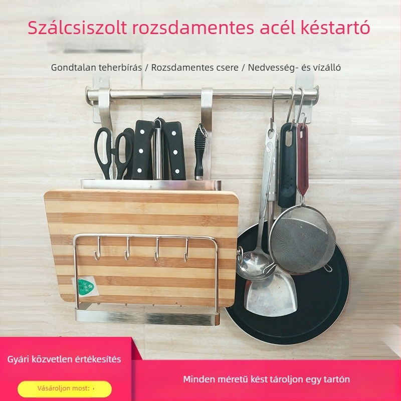 Rozsdamentes acél konyhai falra szerelhető kés- és vágódeszka tartó, multifunkcionális tároló, furás nélküli telepítés