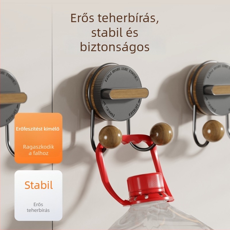 Vákuumos kampó – rozsdamentes acél, fa mintázatú felület, kettős kampó, fúrás nélküli falra szerelhető, konyha és fürdőszoba tároláshoz.