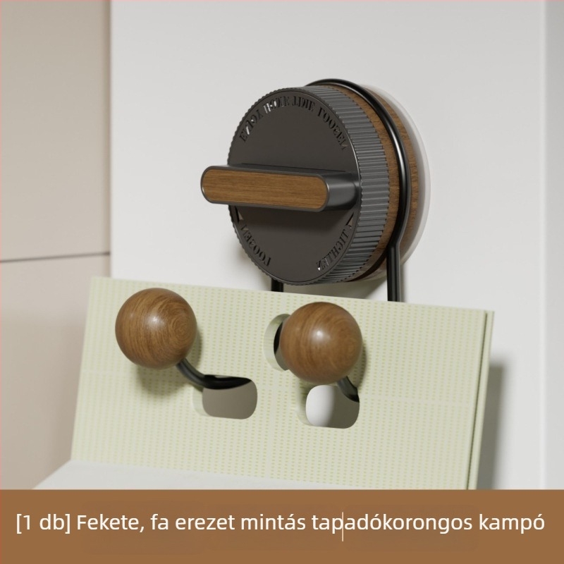 Vákuumos kampó – rozsdamentes acél, fa mintázatú felület, kettős kampó, fúrás nélküli falra szerelhető, konyha és fürdőszoba tároláshoz.