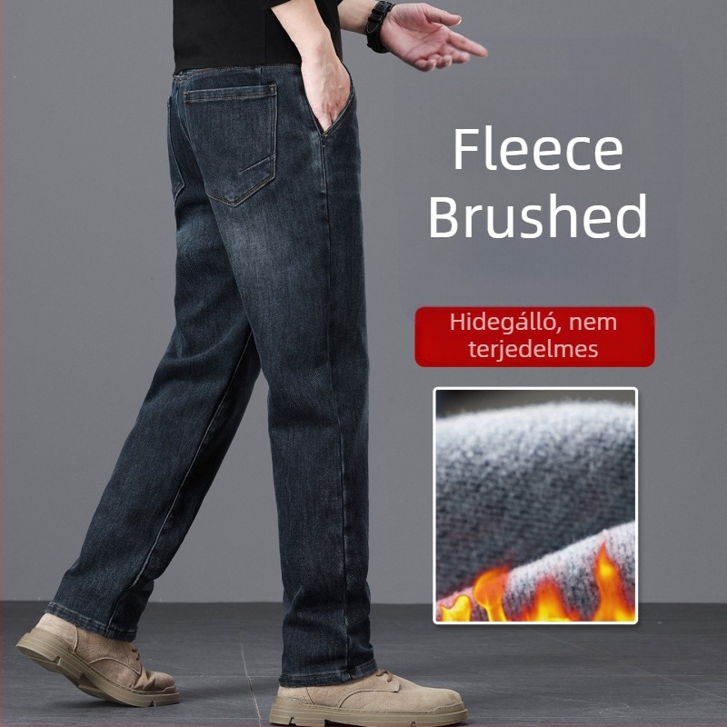 Férfi farmernadrág fleece belsővel, vékony fleece belső, laza egyenes szabás, magas derekú, téli modell