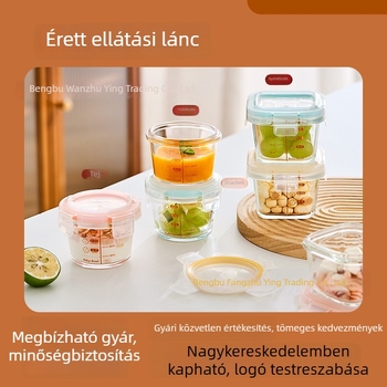 Üveges babaétel-tároló zárt üvegekkel gyümölcsös nassolnivalókhoz és porciózásra