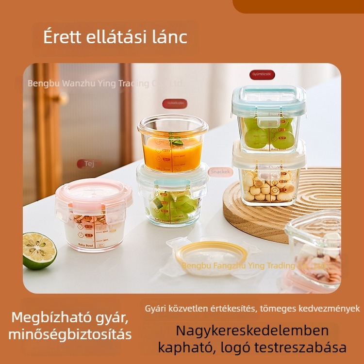 Üveges babaétel-tároló zárt üvegekkel gyümölcsös nassolnivalókhoz és porciózásra
