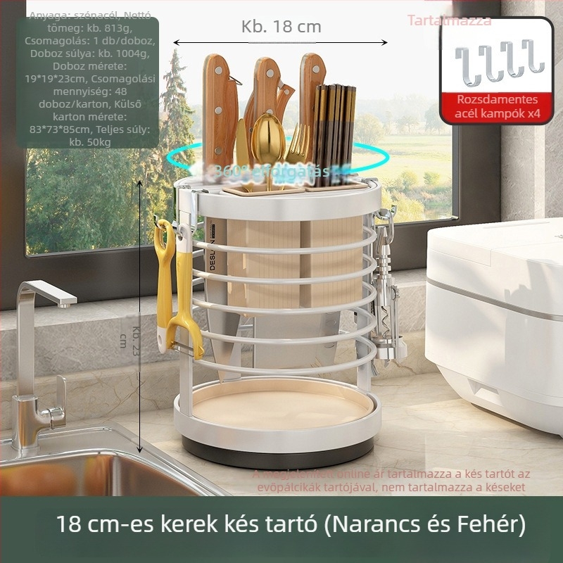 Forgó kés tartó és multifunkcionális konyhai tárolóállvány késhez, evőeszközökhöz és egyéb konyhai kellékekhez