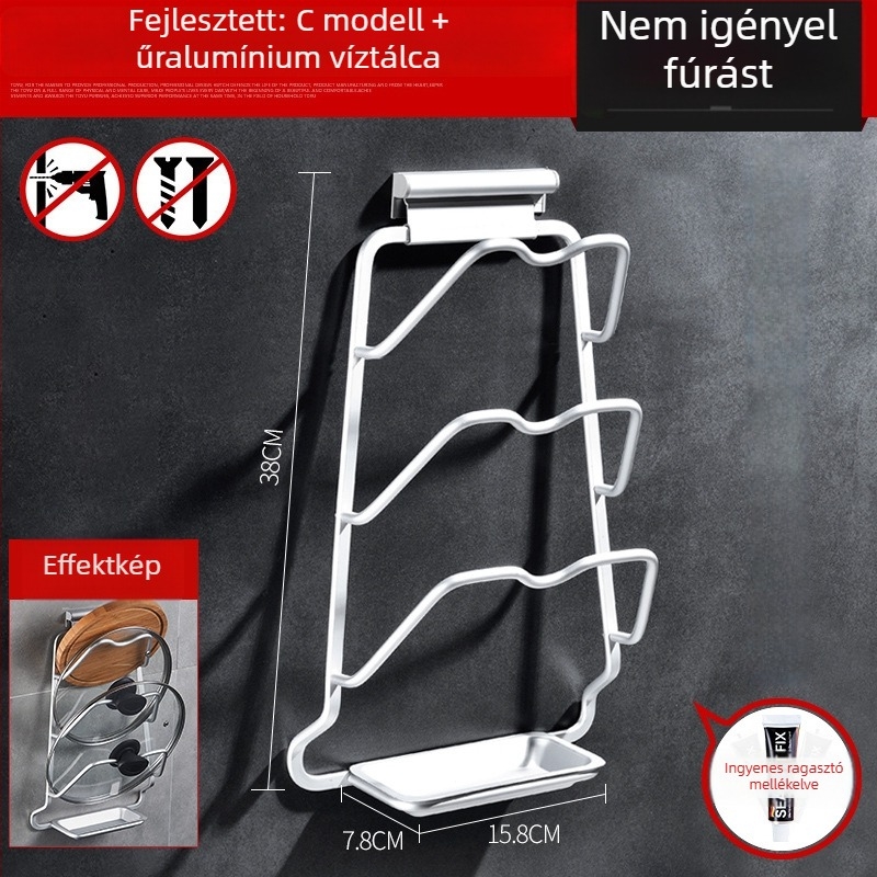 Fúrás nélküli fedő- és vágódeszka tartó, falra szerelhető konyhai tárolópolccal vízgyűjtő dizájnnal, űr-alumíniumból