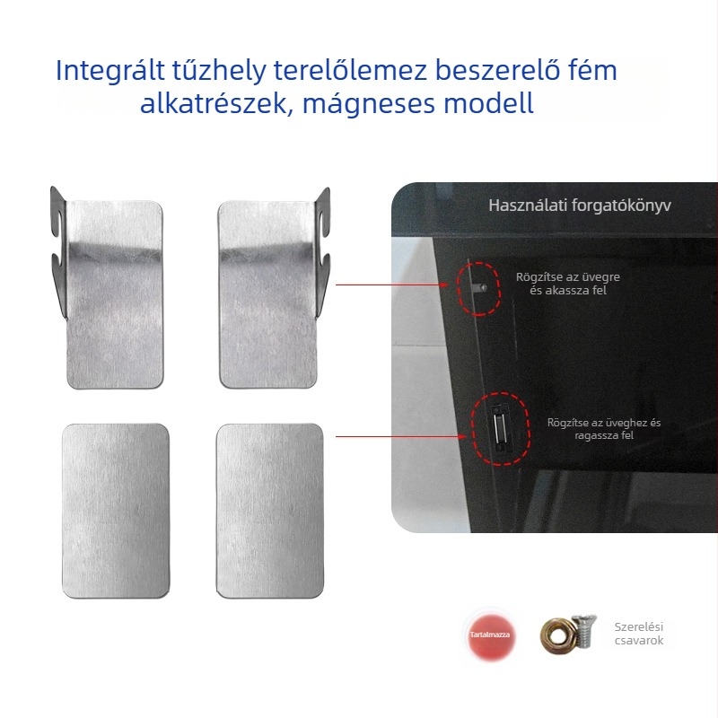 Beépített főző- és páraelszívó üveg- és fém tartókészlet, 7 alakú kerettel, üvegtartóval, fém csattal és mágneses záróval