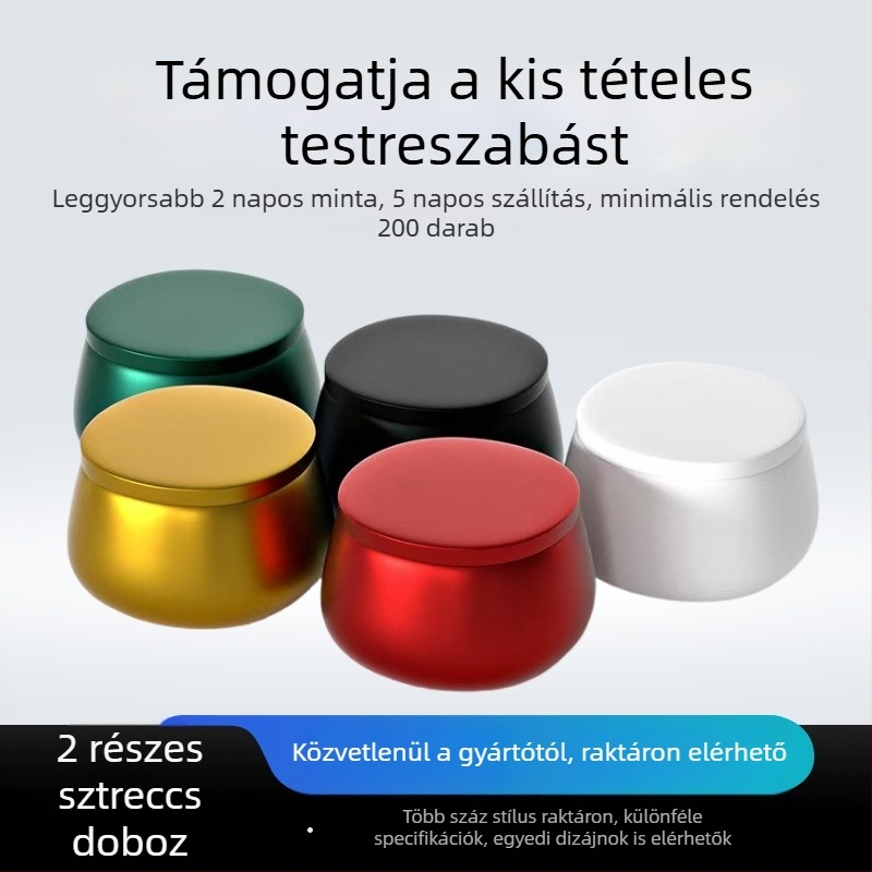 Ovális illatos gyertya, 8 oz, matt fémből készült edényben, kétoldalas nyomtatással és tea tárolóval.