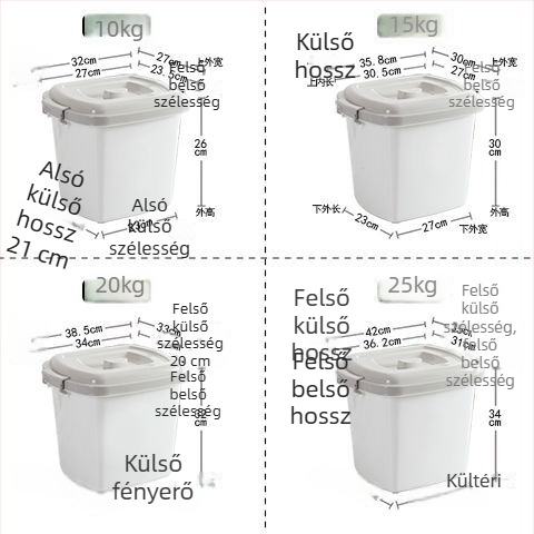 Zárt műanyag rizses tartó, rovarmentes tároláshoz rizsnek és lisztnek, 25 kg kapacitás, vastag falú