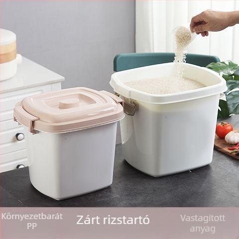 Zárt műanyag rizses tartó, rovarmentes tároláshoz rizsnek és lisztnek, 25 kg kapacitás, vastag falú