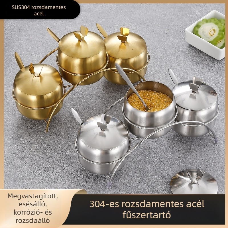 304 rozsdamentes acél fűszertartókanál készlet – chiliszósz, szója szósz és só tartályok, konyhai tárolás