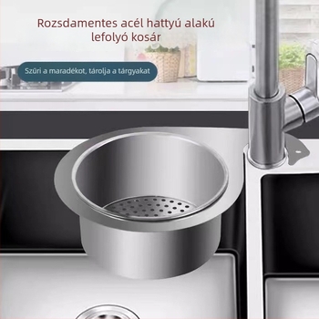 Rozsdamentes acélból készült háromszög alakú mosogatószűrőkosár, felakasztható, hattyú motívummal