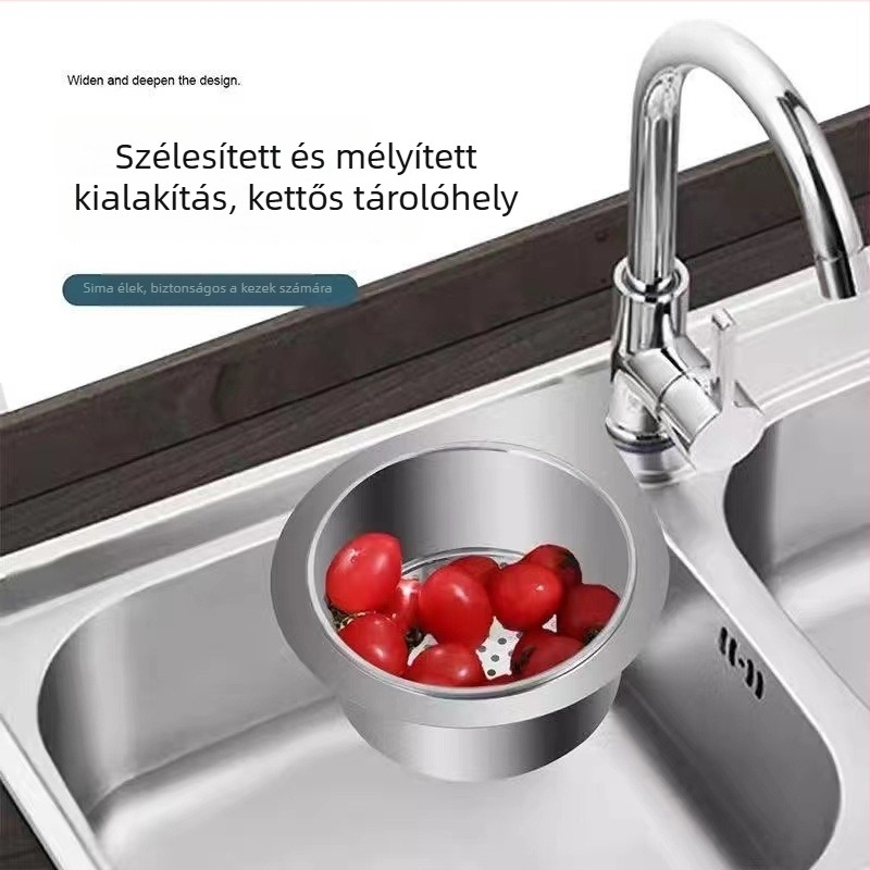 Rozsdamentes acélból készült háromszög alakú mosogatószűrőkosár, felakasztható, hattyú motívummal