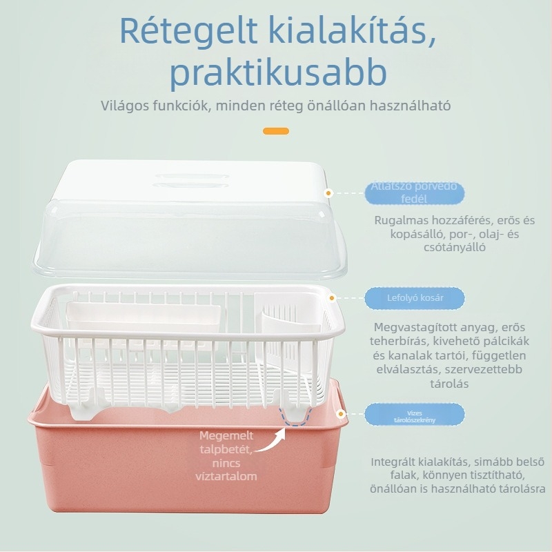 Fedéllel ellátott tál- és tányéralátét állvány Camellia mintával, edények és evőeszközök rendezője, konyhai tárolópolc
