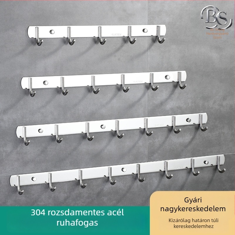 Falra szerelhető kampósor rozsdamentes acélból, konyhához és fürdőszobához, 3–8 kampó, 304-es rozsdamentes acél