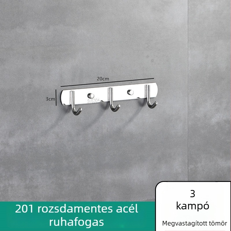 Falra szerelhető kampósor rozsdamentes acélból, konyhához és fürdőszobához, 3–8 kampó, 304-es rozsdamentes acél
