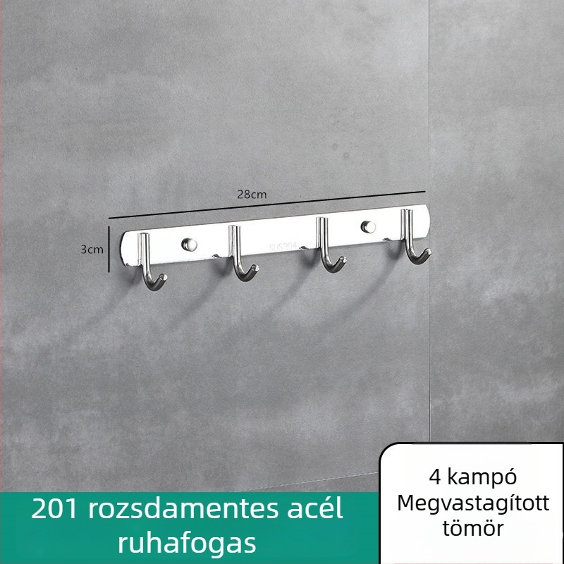 Falra szerelhető kampósor rozsdamentes acélból, konyhához és fürdőszobához, 3–8 kampó, 304-es rozsdamentes acél