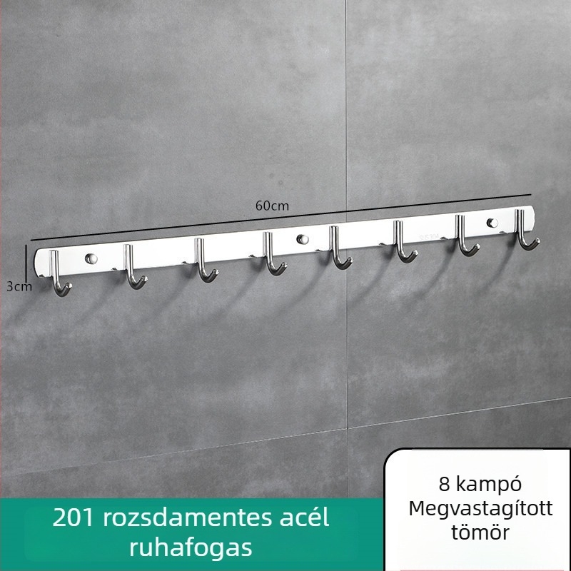 Falra szerelhető kampósor rozsdamentes acélból, konyhához és fürdőszobához, 3–8 kampó, 304-es rozsdamentes acél