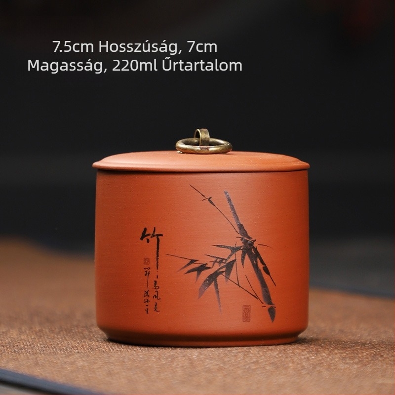 Lila agyagból készült teás tároló és mini kozmetikai tároló mintával: szilva, orkidea, bambusz és krizantéma