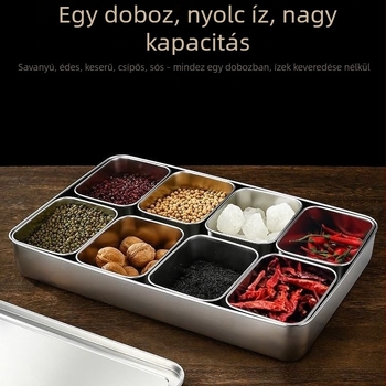 Rozsdamentes acélból készült fűszeres doboz fedővel, japán stílusú ízláda, nyolc íz rekesz, vastagított kivitel, cateringhez és szállodákhoz
