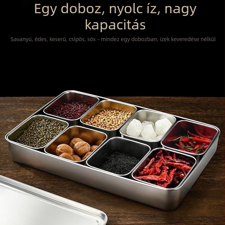 Rozsdamentes acélból készült fűszeres doboz fedővel, japán stílusú ízláda, nyolc íz rekesz, vastagított kivitel, cateringhez és szállodákhoz