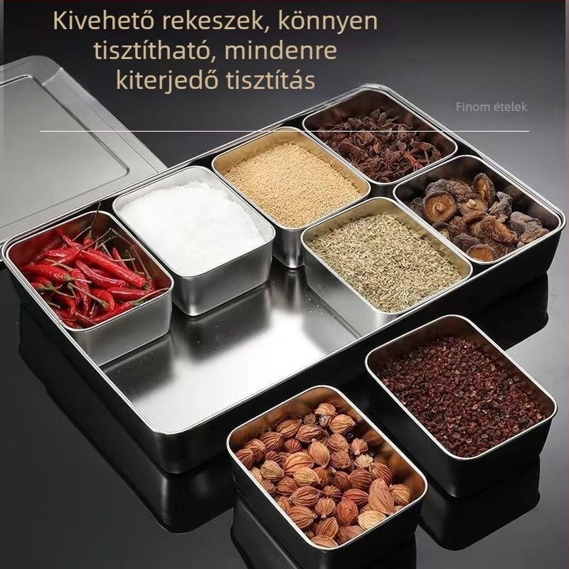 Rozsdamentes acélból készült fűszeres doboz fedővel, japán stílusú ízláda, nyolc íz rekesz, vastagított kivitel, cateringhez és szállodákhoz