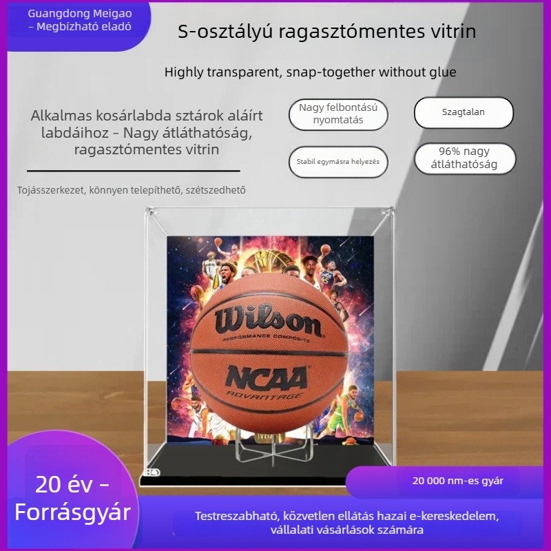 Átlátszó kiállítási doboz egy aláírt kosárlabdához, porvédő üvegfedél, akril kijelződoboz