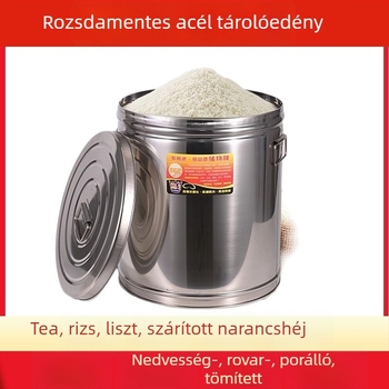 Rozsdamentes acél gabonatároló edény rizs, liszt és tea tárolására – légmentesen záródó, rovar- és nedvességálló, masszív, nagy kapacitású