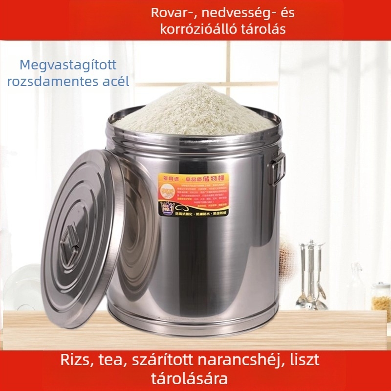 Rozsdamentes acél gabonatároló edény rizs, liszt és tea tárolására – légmentesen záródó, rovar- és nedvességálló, masszív, nagy kapacitású