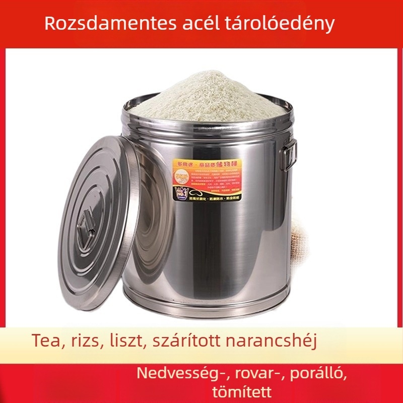 Rozsdamentes acél gabonatároló edény rizs, liszt és tea tárolására – légmentesen záródó, rovar- és nedvességálló, masszív, nagy kapacitású