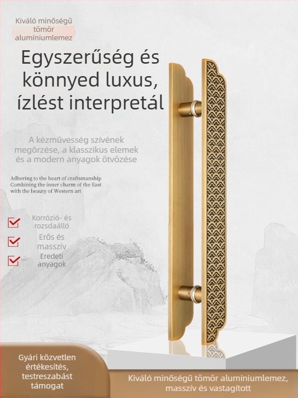 Antik réz színű ajtókilincs üvegajtókhoz – push-pull kivitel, gravírozott részletekkel szállodai tömörfa ajtókhoz