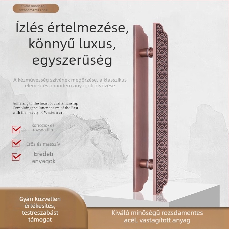 Antik réz színű ajtókilincs üvegajtókhoz – push-pull kivitel, gravírozott részletekkel szállodai tömörfa ajtókhoz