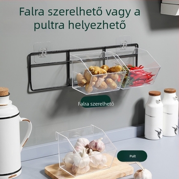 Akril falra szerelhető tároló fokhagyma, gyömbér és hagyma számára — átlátszó konyhai szervezőkosár