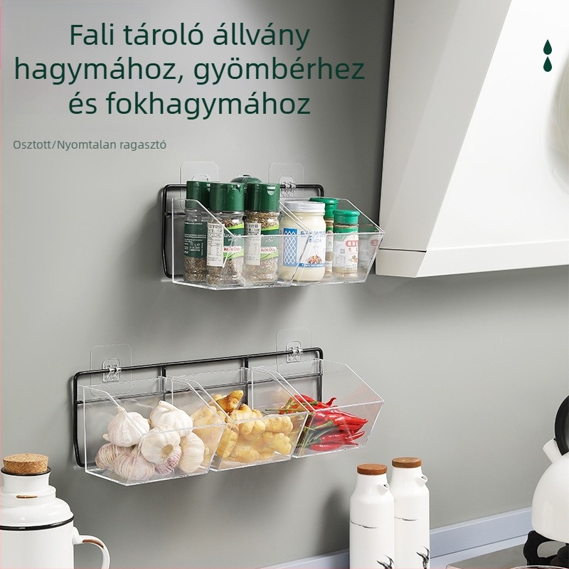 Akril falra szerelhető tároló fokhagyma, gyömbér és hagyma számára — átlátszó konyhai szervezőkosár