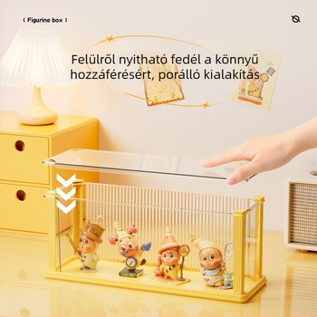 Átlátszó kiállítási doboz lehajtható fedéllel, porvédő és rekeszekkel figuráknak