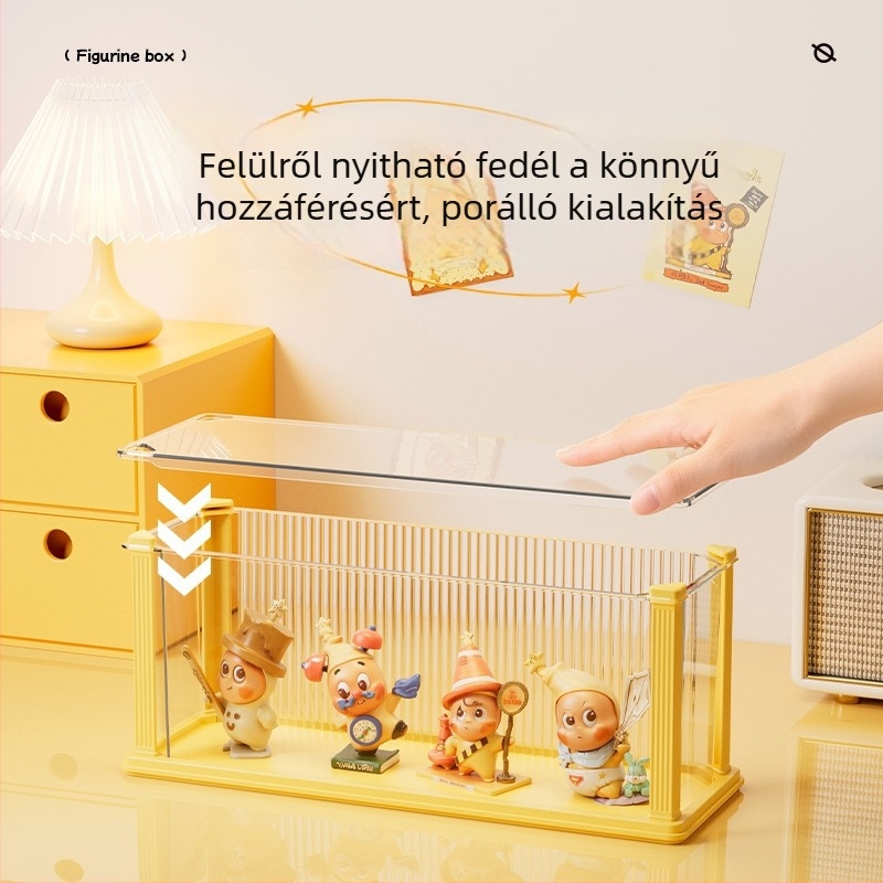 Átlátszó kiállítási doboz lehajtható fedéllel, porvédő és rekeszekkel figuráknak