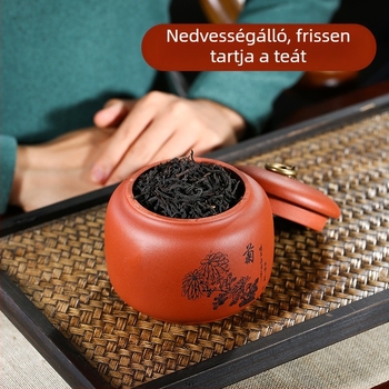 Gravírozható teás dobozok szilva, orchidea, bambusz és krizantéma motívumokkal, Pu'er teához zárható edények lilás agyagból – Modell 41204