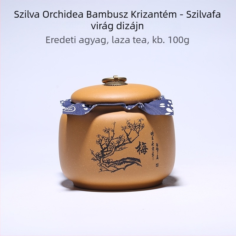 Gravírozható teás dobozok szilva, orchidea, bambusz és krizantéma motívumokkal, Pu'er teához zárható edények lilás agyagból – Modell 41204